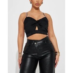 Iris Rimstone detail Satin Cutout Cropped‎ Top Black Size Med RefFNB